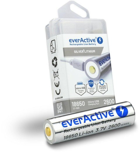 Akumulator 18650 Li-Ion 3,7V everActive 2600mAh (1 szt.) micro-USB z zabezpieczeniem Akumulator 18650 Li-Ion 3,7V everActive 2600mAh (1 szt.) micro-USB z zabezpieczeniem