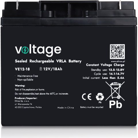Akumulator AGM Voltage 12V 18Ah VE12-18 (Żywotność 6-9 lat) Akumulator AGM Voltage 12V 18Ah VE12-18 (Żywotność 6-9 lat)