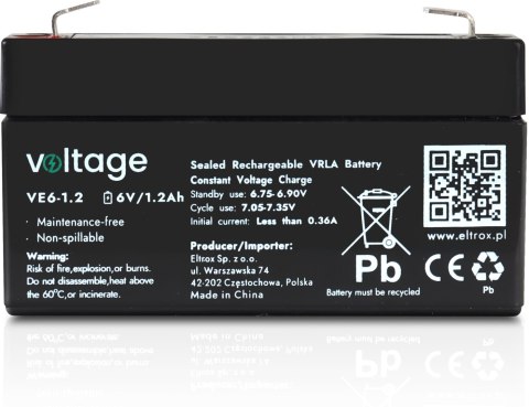 Akumulator AGM Voltage 6V 1,2Ah VE6-1.2 (Żywotność 6-9 lat) Akumulator AGM Voltage 6V 1,2Ah VE6-1.2 (Żywotność 6-9 lat)