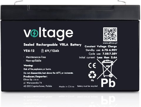 Akumulator AGM Voltage 6V 12Ah VE6-12 (Żywotność 6-9 lat) Akumulator AGM Voltage 6V 12Ah VE6-12 (Żywotność 6-9 lat)