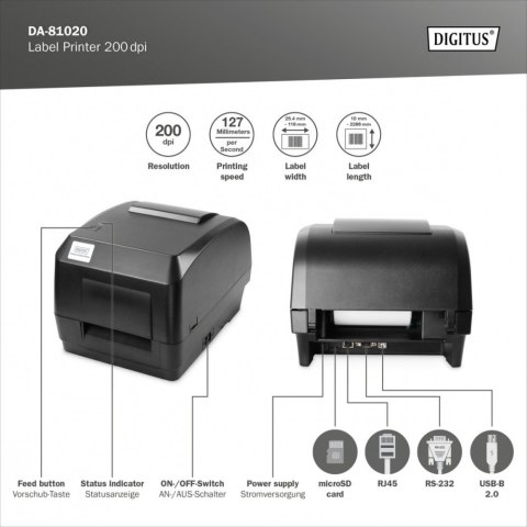 Biurkowa drukarka etykiet, termiczna, 200dpi, USB 2.0, RS-232, Ethernet Biurkowa drukarka etykiet, termiczna, 200dpi, USB 2.0, RS-232, Ethernet