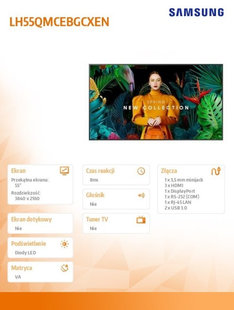 Monitor profesjonalny QM55C 55 cali Matowy 24h/7 500(cd/m2) 3840 x 2160 (UHD) S10 Player (Tizen 7) WiFi/BT 3 lata On-Site (LH55Q Monitor profesjonalny QM55C 55 cali Matowy 24h/7 500(cd/m2) 3840 x 2160 (UHD) S10 Player (Tizen 7) WiFi/BT 3 lata On-Site (LH55Q