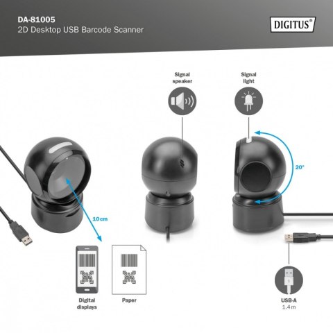Czytnik kodów kreskowych przewodowy stacjonarny USB-A 1.4m, 1D i 2D, zgodny z kodami QR Czytnik kodów kreskowych przewodowy stacjonarny USB-A 1.4m, 1D i 2D, zgodny z kodami QR