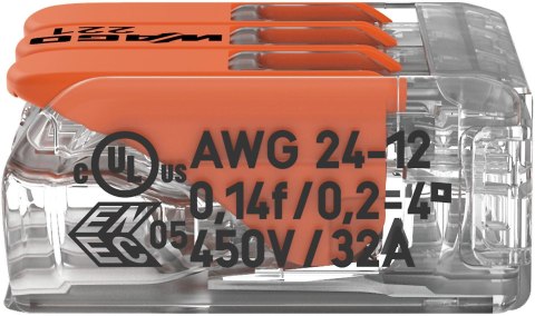 Szybkozłączka uniwersalna LINKA/DRUT 3x 0,2-4mm2 WAGO 221-413 (1szt.) Szybkozłączka uniwersalna LINKA/DRUT 3x 0,2-4mm2 WAGO 221-413 (1szt.)