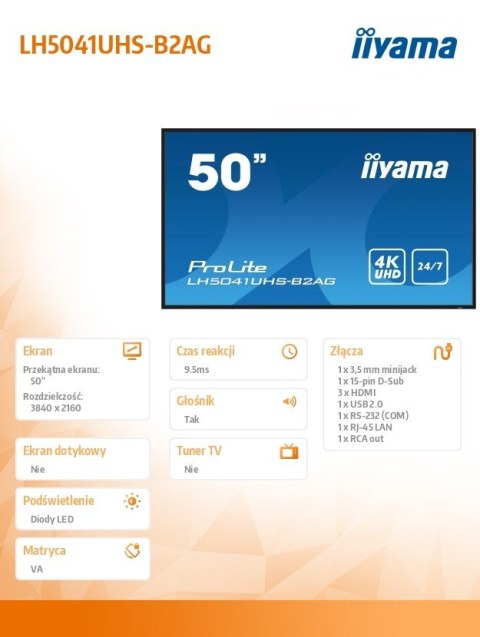 Monitor 50 cali LH5041UHS-B2 VA,4K,24/7,LAN,USB,HDMI Monitor 50 cali LH5041UHS-B2 VA,4K,24/7,LAN,USB,HDMI