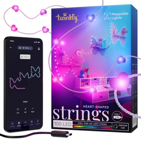 Inteligentne lampki dekoracyjne Strings USB-C (Candies) 100 LED RGB, serca, przezroczysty przewód, 6 m Inteligentne lampki dekoracyjne Strings USB-C (Candies) 100 LED RGB, serca, przezroczysty przewód, 6 m