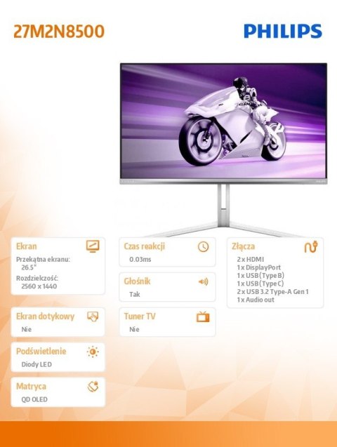 Monitor 27M2N8500 27 cali QD OLED 360Hz HDMIx2 DP USB-C HAS Ambiglow Głośniki Monitor 27M2N8500 27 cali QD OLED 360Hz HDMIx2 DP USB-C HAS Ambiglow Głośniki