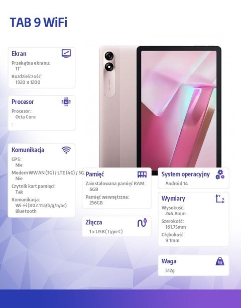 Tablet TAB9 WiFi 11\\\" 6/256GB 8200mAh Różowy Tablet TAB9 WiFi 11\\\" 6/256GB 8200mAh Różowy