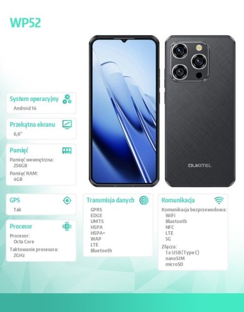 Smartfon WP52 5G 4/256/GB IP69K Czarny Smartfon WP52 5G 4/256/GB IP69K Czarny