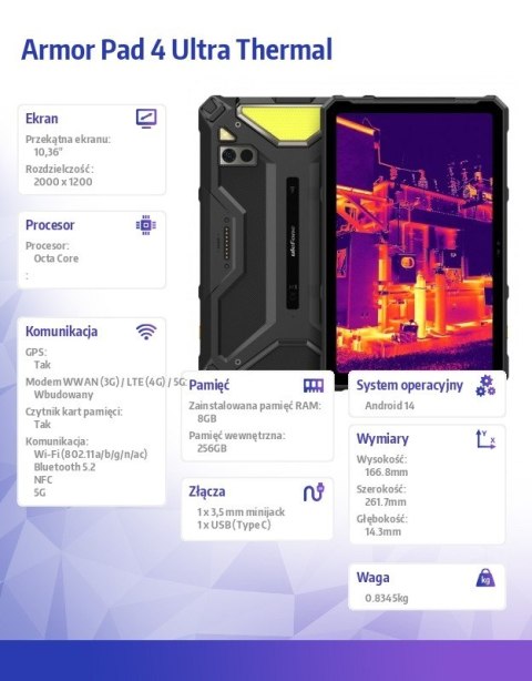 Tablet Armor Pad 4 Ultra Thermal 5G 10.36 cala 8/256GB IP69K termowizja Czarny Tablet Armor Pad 4 Ultra Thermal 5G 10.36 cala 8/256GB IP69K termowizja Czarny