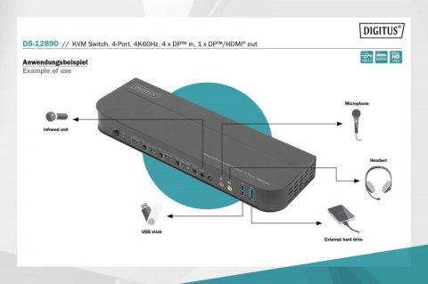 Przełącznik KVM, 4 portowy, 4K 60Hz, 4x DP IN, 1x DP OUT, 1x HDMI OUT, 2x USB A, 1x Audio IN&OUT Przełącznik KVM, 4 portowy, 4K 60Hz, 4x DP IN, 1x DP OUT, 1x HDMI OUT, 2x USB A, 1x Audio IN&OUT