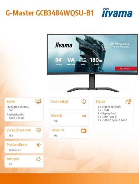 Monitor G-Master 34 cale GCB3484WQSU-B1,VA,UWQHD,180Hz, HDR400, 1500R, 21:9, 0.4ms, 500cd/m2, 2x5W, USB-c, PiP Monitor G-Master 34 cale GCB3484WQSU-B1,VA,UWQHD,180Hz, HDR400, 1500R, 21:9, 0.4ms, 500cd/m2, 2x5W, USB-c, PiP