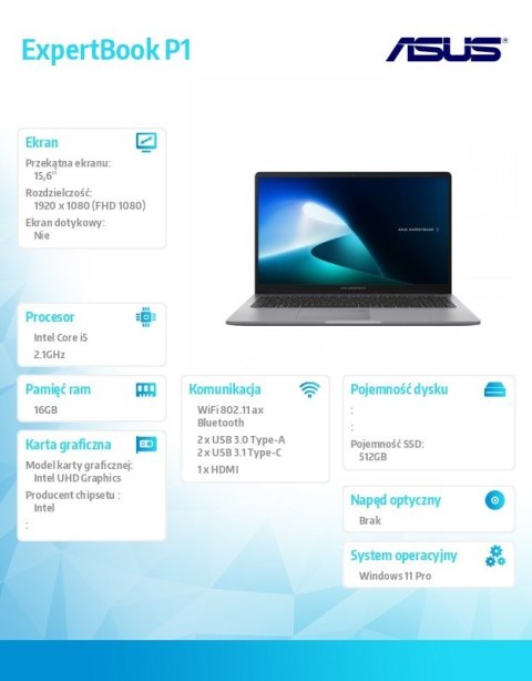 Notebook ExpertBook P1503CVA-S70859X i5-13420H/15.6 cali FHD/16GB/512GB/Win 11 PRO/3YRS Notebook ExpertBook P1503CVA-S70859X i5-13420H/15.6 cali FHD/16GB/512GB/Win 11 PRO/3YRS