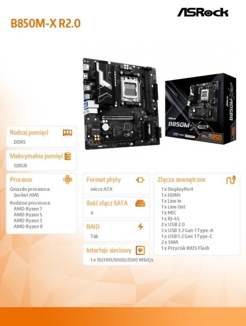 Płyta główna B850M-X R2.0 AM5 2DDR5 M.2 USBC mATX Płyta główna B850M-X R2.0 AM5 2DDR5 M.2 USBC mATX
