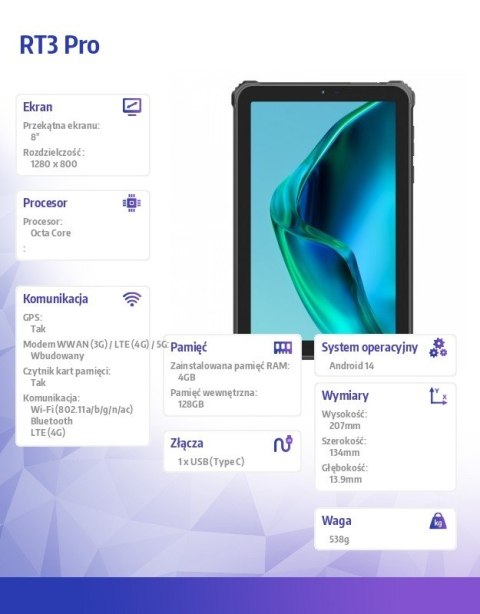 Tablet RT3 Pro 4G 8 cal 4/128GB zielony Tablet RT3 Pro 4G 8 cal 4/128GB zielony
