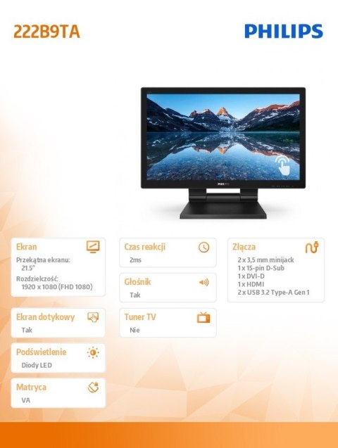 Monitor LCD 222B9TA 21.5 cala VA Touch 10 points Monitor LCD 222B9TA 21.5 cala VA Touch 10 points