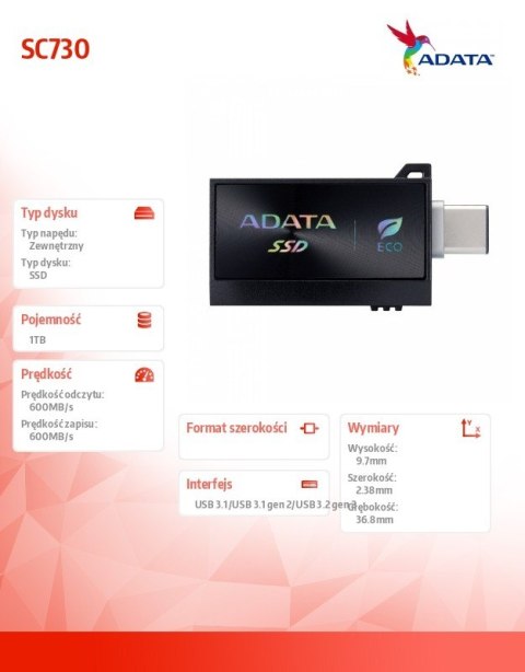 Dysk zewnętrzny SSD SC730 1TB USB 3.2C/A 600/600MB/s czarny Dysk zewnętrzny SSD SC730 1TB USB 3.2C/A 600/600MB/s czarny