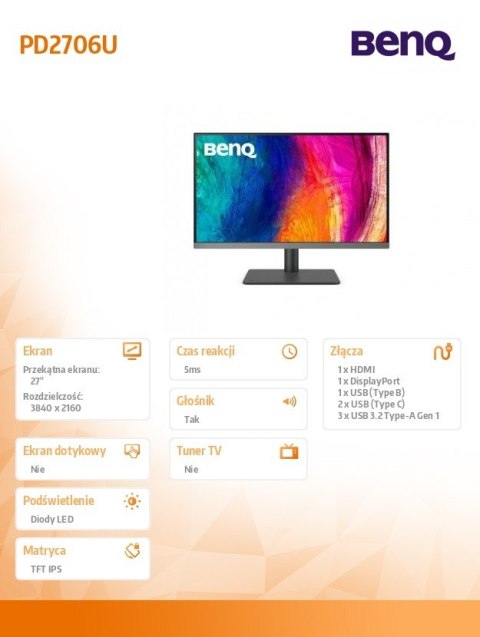 Monitor 27 cali PD2706U LED 4K 5ms/QHD/IPS/HDMI/DP/USB Monitor 27 cali PD2706U LED 4K 5ms/QHD/IPS/HDMI/DP/USB