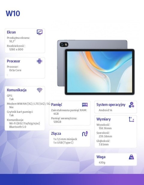Tablet W10 WiFi 10.1 cala 4/128GB Space Grey z ładowarką Tablet W10 WiFi 10.1 cala 4/128GB Space Grey z ładowarką