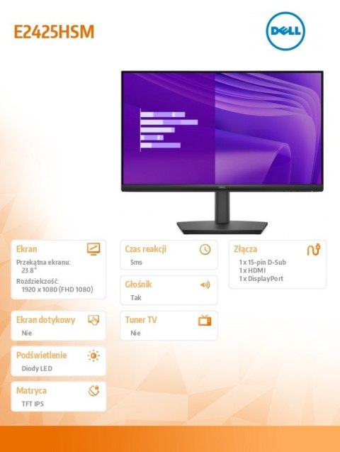 Monitor E2425HSM 23.8 cala VA LED Full HD (1920x1080)/16:9/DP/HDMI/VGA/Głośniki/3Y Monitor E2425HSM 23.8 cala VA LED Full HD (1920x1080)/16:9/DP/HDMI/VGA/Głośniki/3Y