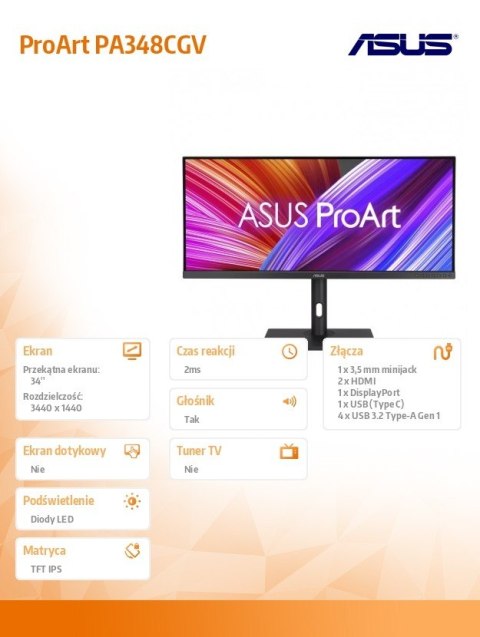 Monitor 34 cale PA348CGV ProArt IPS 21:9 QHD 120Hz HDMI DP USB-C USB-HUB GŁOŚNIK Monitor 34 cale PA348CGV ProArt IPS 21:9 QHD 120Hz HDMI DP USB-C USB-HUB GŁOŚNIK