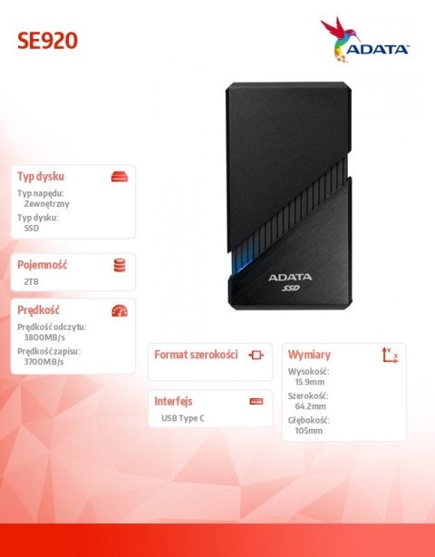 Dysk zewnętrzny SSD External SE920 2TB USB4C 3800/3700 MB/s czarny Dysk zewnętrzny SSD External SE920 2TB USB4C 3800/3700 MB/s czarny