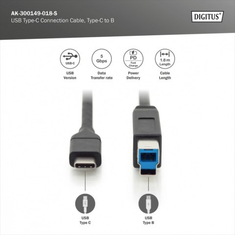 Kabel połączeniowy USB 3.0 SuperSpeed 5Gbps Typ USB C/B M/M Power Delivery czarny 1.8m Kabel połączeniowy USB 3.0 SuperSpeed 5Gbps Typ USB C/B M/M Power Delivery czarny 1.8m