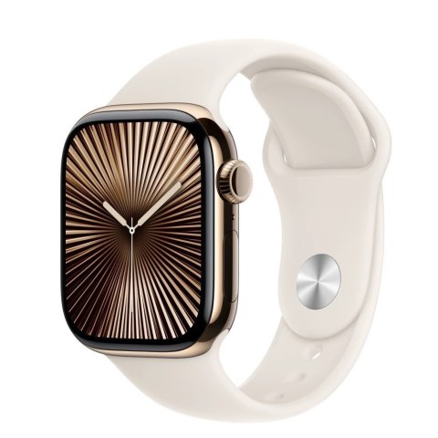 Watch Series 10 GPS + Cellular, koperta 42 mm z tytanu w kolorze złotym z paskiem sportowym w kolorze księżycowej poświaty - roz Watch Series 10 GPS + Cellular, koperta 42 mm z tytanu w kolorze złotym z paskiem sportowym w kolorze księżycowej poświaty - roz