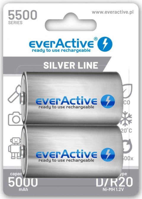 Akumulatorki D / R20 Ni-MH everActive 5500mAh Silver Line (box 2 szt.) Akumulatorki D / R20 Ni-MH everActive 5500mAh Silver Line (box 2 szt.)