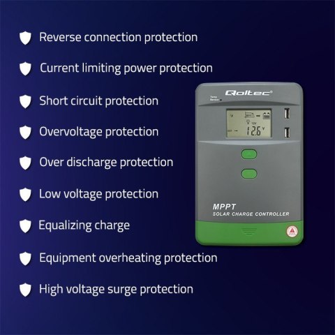 Solarny regulator ładowania MPPT z czujnikiem temperatury 30A | 12V/24V | LCD | 2xUSB | Bluetooth | APP | GEL | LiFePO4 Solarny regulator ładowania MPPT z czujnikiem temperatury 30A | 12V/24V | LCD | 2xUSB | Bluetooth | APP | GEL | LiFePO4