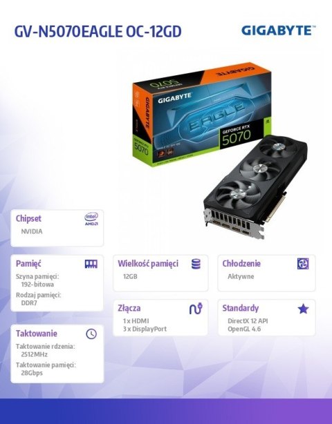 Karta graficzna GeForce RTX 5070 EAGLE OC SSF 12GB 192bit 3DP/HDMI Karta graficzna GeForce RTX 5070 EAGLE OC SSF 12GB 192bit 3DP/HDMI