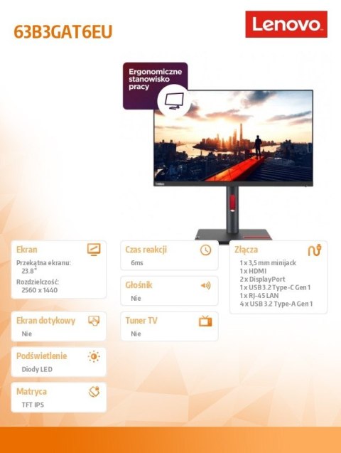 Monitor 23.8 cali ThinkVision P24h-30 WLED LCD 63B3GAT6EU Monitor 23.8 cali ThinkVision P24h-30 WLED LCD 63B3GAT6EU