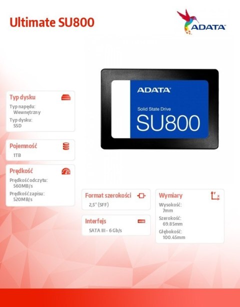Dysk SSD Ultimate SU800 1TB S3 560/520 MB/s TLC 3D Dysk SSD Ultimate SU800 1TB S3 560/520 MB/s TLC 3D