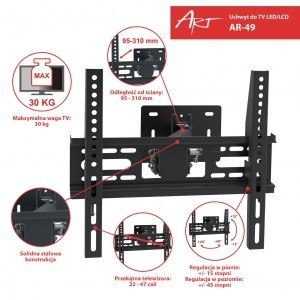 Uchwyt do LCD/LED 22-47" 30KG AR-49 regulowany wpionie i poziomie Uchwyt do LCD/LED 22-47" 30KG AR-49 regulowany wpionie i poziomie