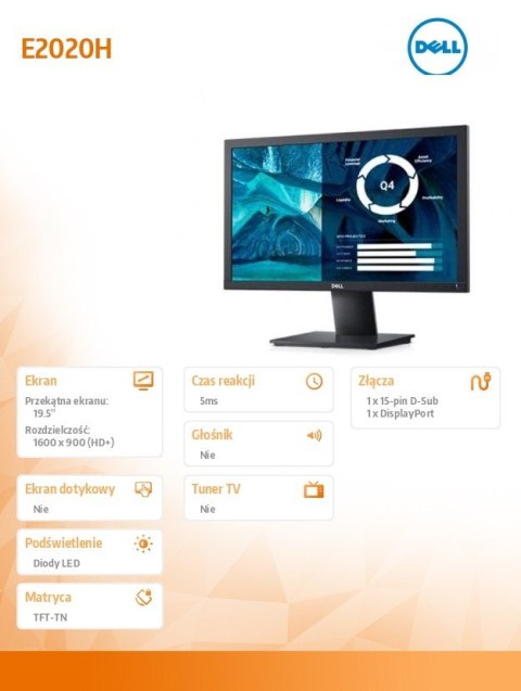 Monitor E2020H 19.5 cali LED TN (1600x900) /16:9/VGA/DP 1.2/5Y PPG Monitor E2020H 19.5 cali LED TN (1600x900) /16:9/VGA/DP 1.2/5Y PPG