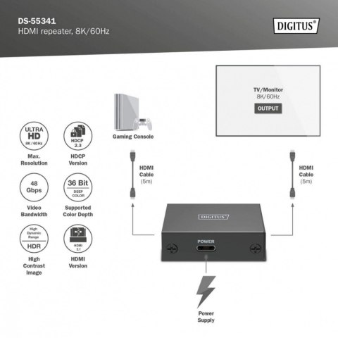 Wzmacniacz sygnału (Repeater) HDMI do 10m 8K/60Hz, do 13m 4K/60Hz HDCP 2.3 Wzmacniacz sygnału (Repeater) HDMI do 10m 8K/60Hz, do 13m 4K/60Hz HDCP 2.3