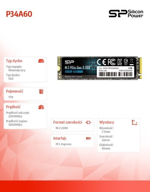 Dysk SSD P34A60 1TB PCIE M.2 NVMe 2200/1600 MB/s Dysk SSD P34A60 1TB PCIE M.2 NVMe 2200/1600 MB/s