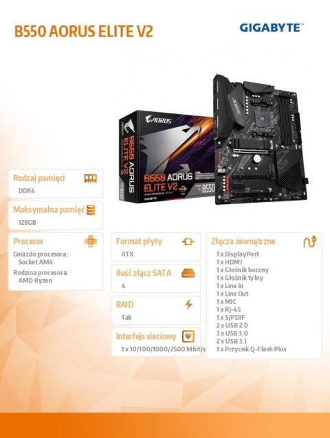 Płyta główna B550 AORUS ELITE V2 AM4 4DDR4 HDMI/DP M.2 ATX Płyta główna B550 AORUS ELITE V2 AM4 4DDR4 HDMI/DP M.2 ATX