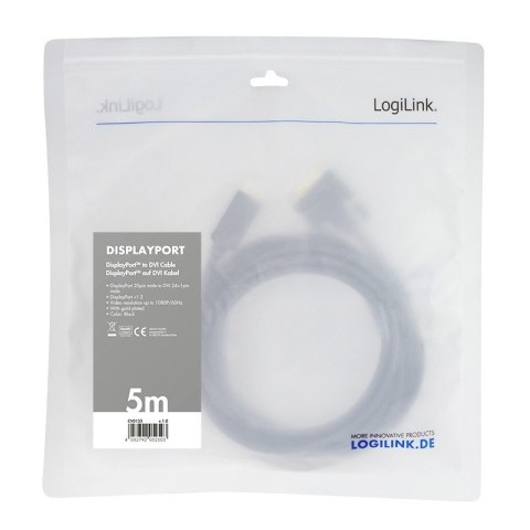 Kabel DisplayPort 1.2 do DVI 5m Czarny Kabel DisplayPort 1.2 do DVI 5m Czarny