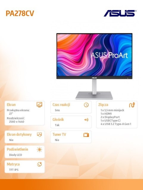 Monitor 27 cali PA278CV IPS WQHD HDMI DP USB-C 4xUSB PIVOT Głośnik Monitor 27 cali PA278CV IPS WQHD HDMI DP USB-C 4xUSB PIVOT Głośnik