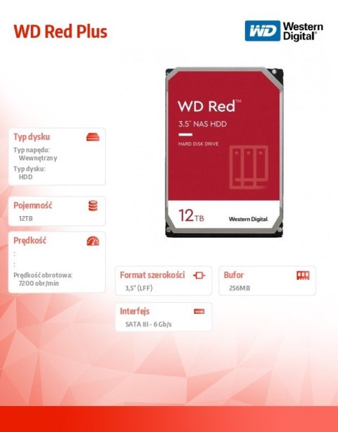 Dysk 3,5 cala WD Red Plus 12TB CMR 256MB/7200RPM Class Dysk 3,5 cala WD Red Plus 12TB CMR 256MB/7200RPM Class