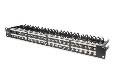 Modułowy panel krosowy (patch panel) o dużej gęstości połączeń, 19" 48x keystone, ekranowany, 1U, Czarny Modułowy panel krosowy (patch panel) o dużej gęstości połączeń, 19" 48x keystone, ekranowany, 1U, Czarny