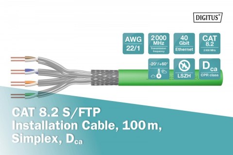 Kabel teleinformatyczny instalacyjny kat.8.2, S/FTP, Dca, AWG 22/1, LSOH, 100m, Zielony Kabel teleinformatyczny instalacyjny kat.8.2, S/FTP, Dca, AWG 22/1, LSOH, 100m, Zielony