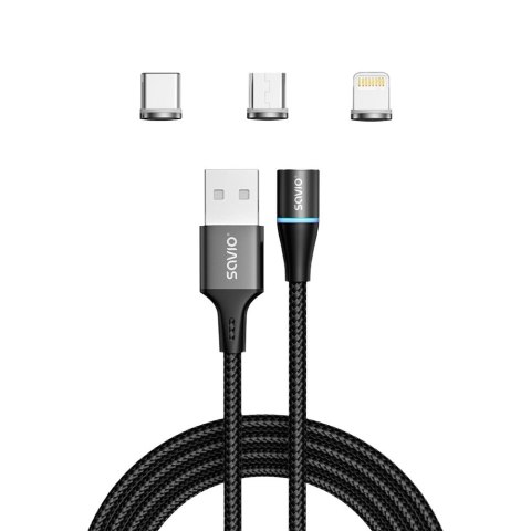 Kabel magnetyczny USB - USB typ C, Micro i Lightning, czarny, 1m, CL-152 Kabel magnetyczny USB - USB typ C, Micro i Lightning, czarny, 1m, CL-152