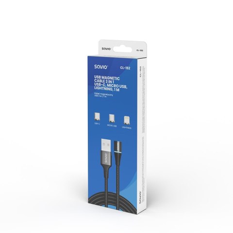 Kabel magnetyczny USB - USB typ C, Micro i Lightning, czarny, 1m, CL-152 Kabel magnetyczny USB - USB typ C, Micro i Lightning, czarny, 1m, CL-152